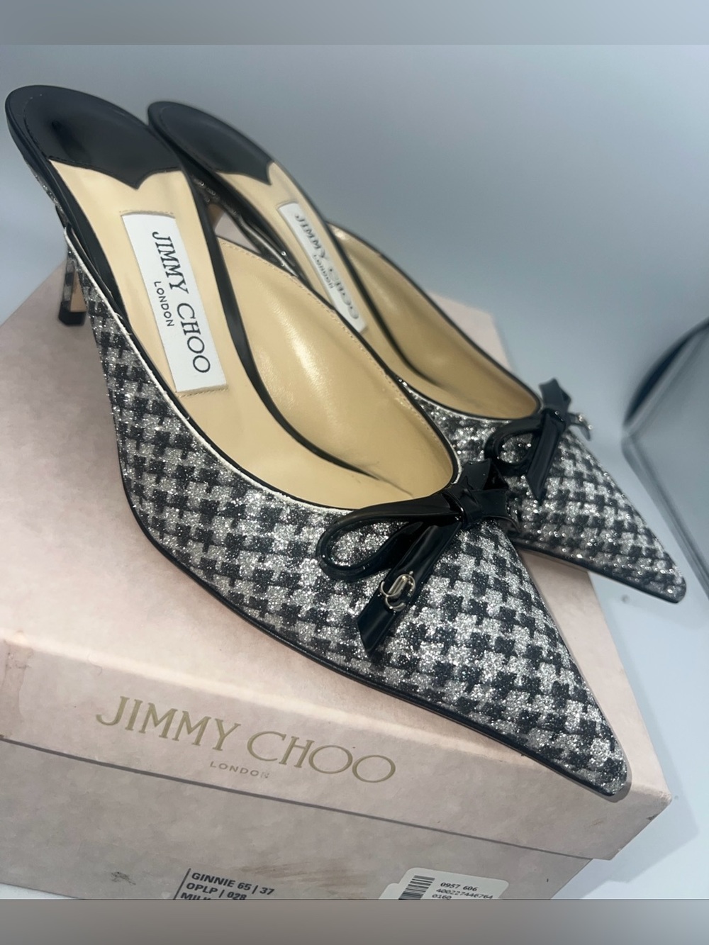 JIMMY CHOO Scarlett 65 Mule Houndstooth Black & Silver  Bow Women’s EU38.5 NEW